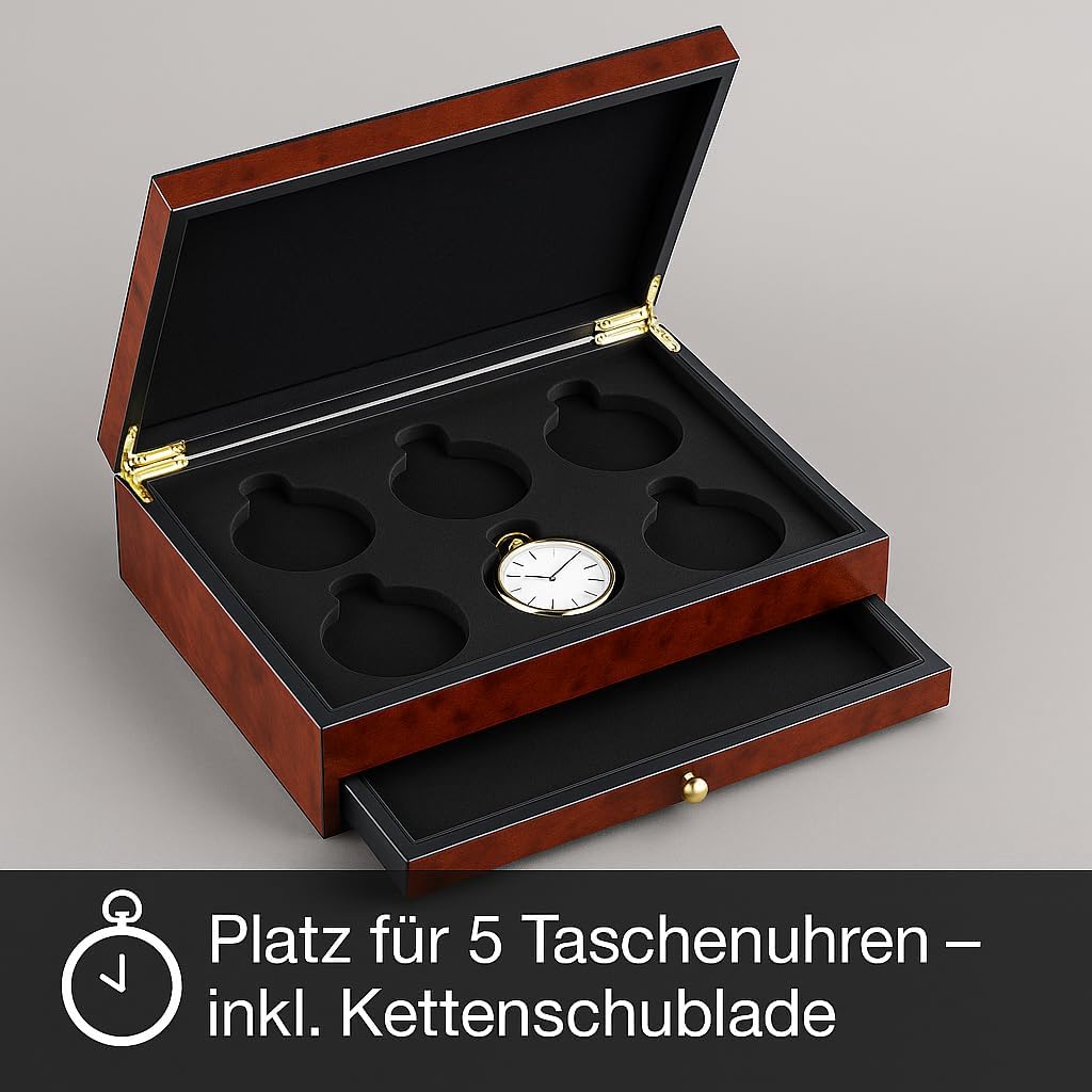 SELVA Taschenuhr-Schatulle für 6 Uhren, Gehäuse in hochglänzender Ulmenholz-Optik, Schublade mit Mag