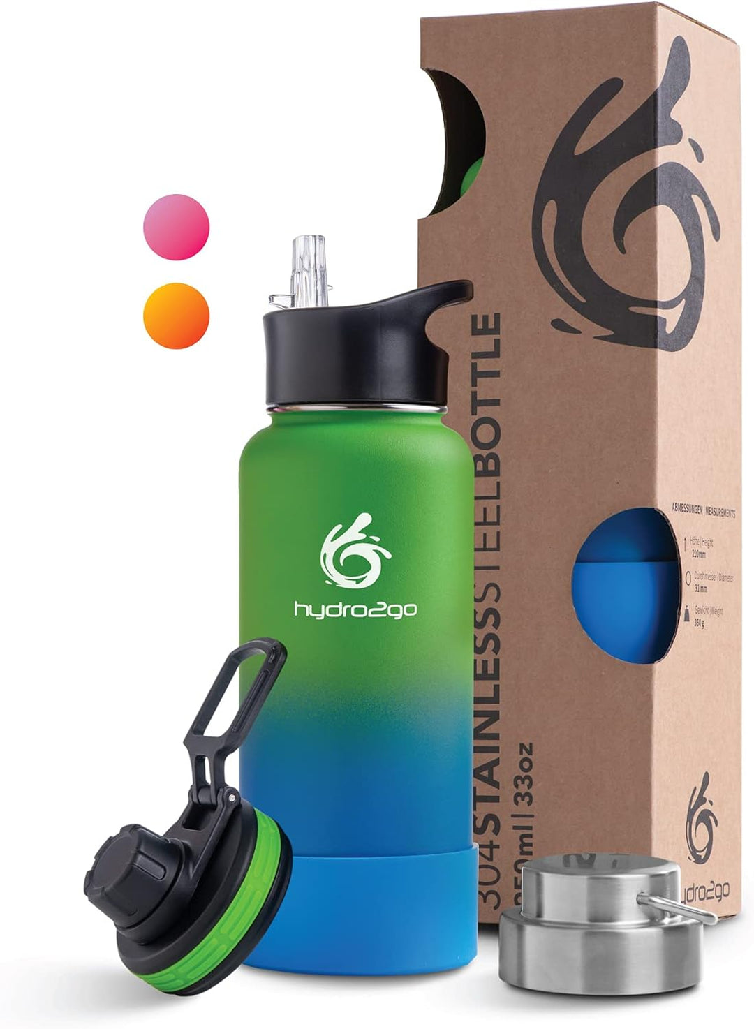 hydro2go ® Trinkflasche aus Edelstahl 1000 ml / 1 Liter - für Sport, Fitness & Outdoor | Thermo Edel