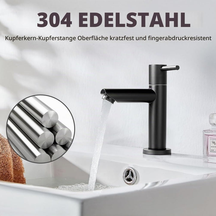 Wasserhahn Bad Schwarz+Wasserzulaufleitung, Edelstahl, Kaltwasserhahn Gäste Wc,Mischbatterie Waschbe