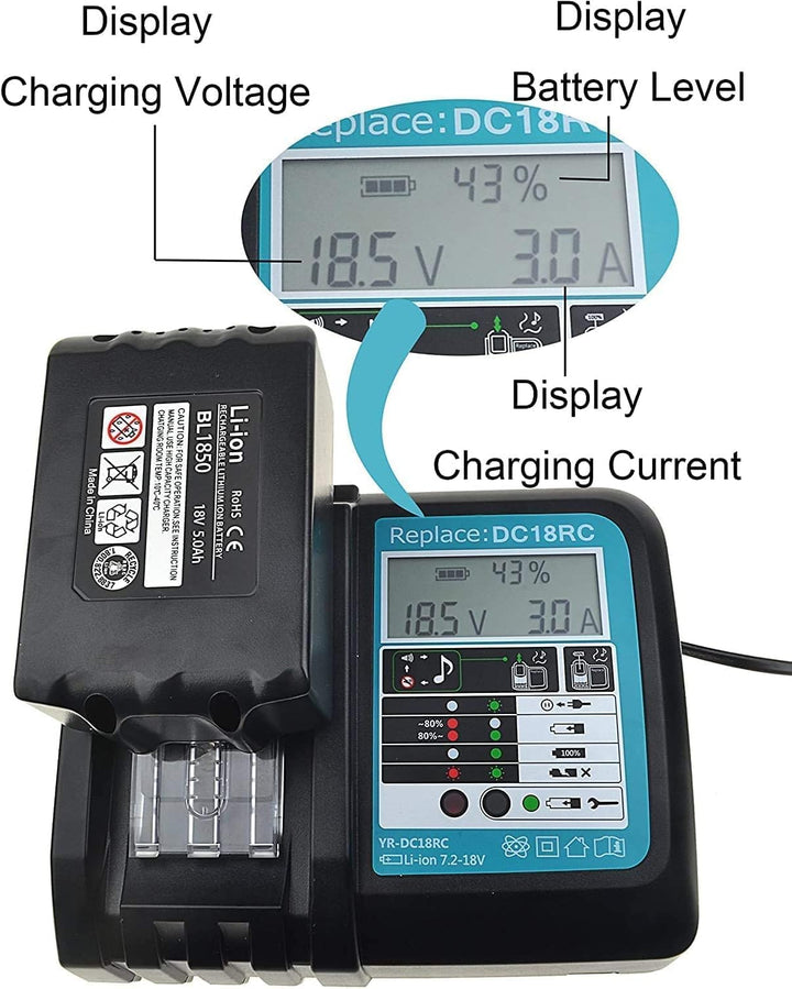18V Ladegerät DC18RC Ersatz für Makita 18v Akku 5Ah BL1850B BL1860B BL1830B + Akku BL1850B 18V 5000m