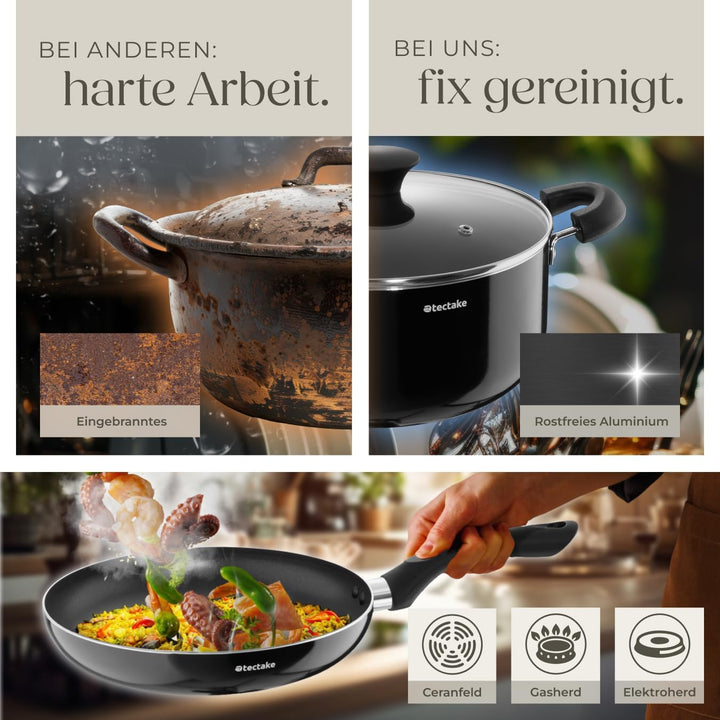 tectake® Küchenstarterset 6 Personen, Steingut Geschirr Set, Teller, 4 Töpfe 2 Pfannen rostfreies Al