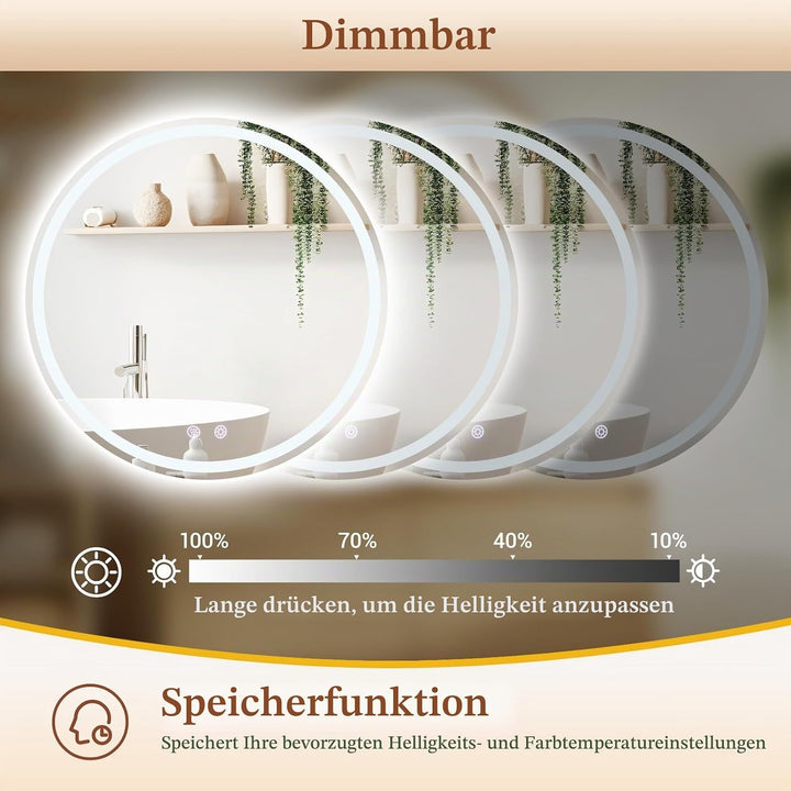 Clevich Badspiegel mit Beleuchtung Rund 80 cm, LED Spiegel mit 3 Lichtfarben Dimmbar, Gehärtetes Gla