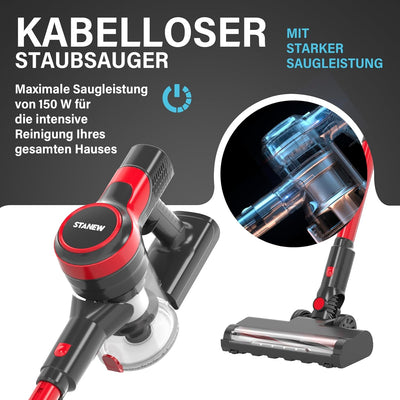 Stanew Akku Staubsauger, 4 in 1 Staubsauger Kabellos, 150W Leichter Handstaubsauger, 22,2V Akkusauge