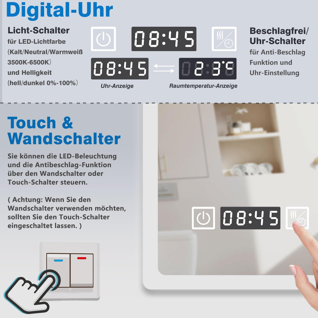 Aica Sanitär LED Badspiegel 120×70cm 3 Lichtfarbe 2700-6500K dimmbar Wandspiegel mit Uhr, Touch, Bes