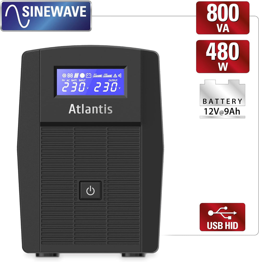 Atlantis A03-HP1003 Kontinuitätsgruppe Sinuswelle Pure 800VA 480W Line Interactive, LCD-Display, USB