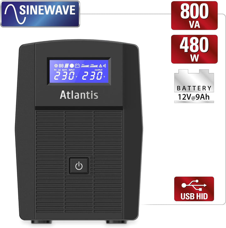 Atlantis A03-HP1003 Kontinuitätsgruppe Sinuswelle Pure 800VA 480W Line Interactive, LCD-Display, USB