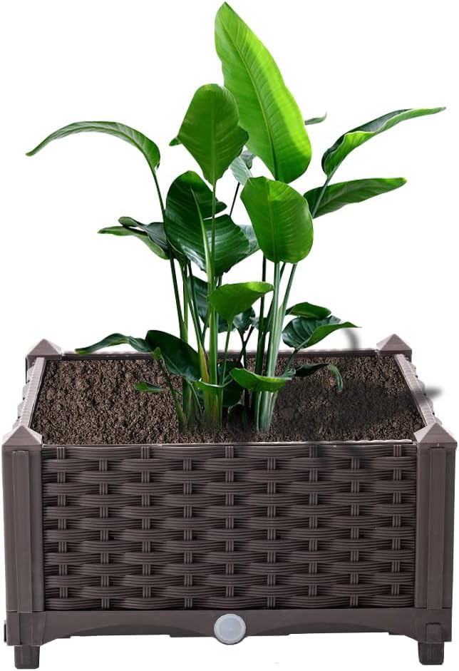 Mingone Blumentopf Rattan Optik aus Kunststoff Blumenkasten Balkonkasten mit Wasserspeicher Pflanzka