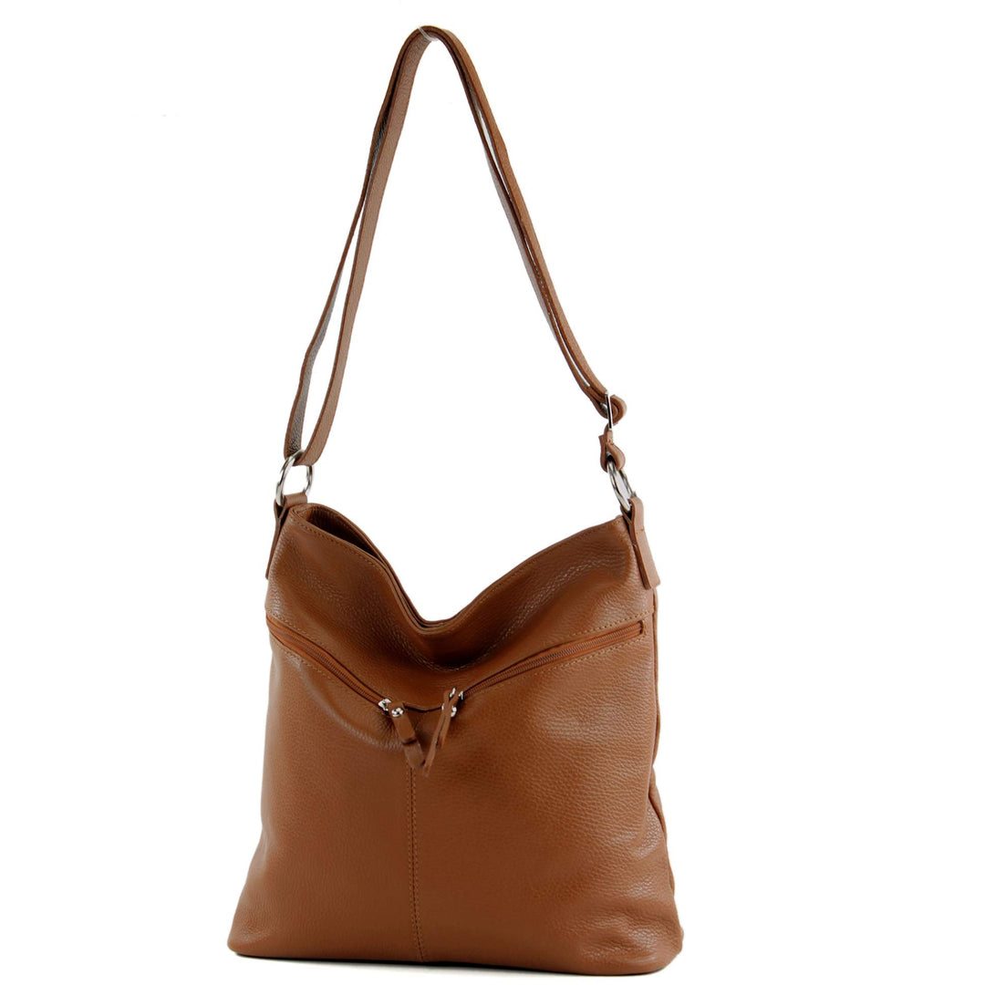 modamoda de - T196 - ital Umhängetasche Schultertasche aus Leder Cognac, Cognac