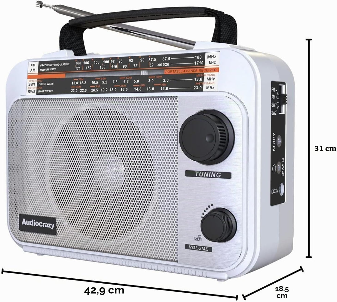 Audiocrazy UKW FM/AM/SW1-2 Radio Tragbares Radio Weltempfänger Radio mit 1800mAh Rechargeable Batter
