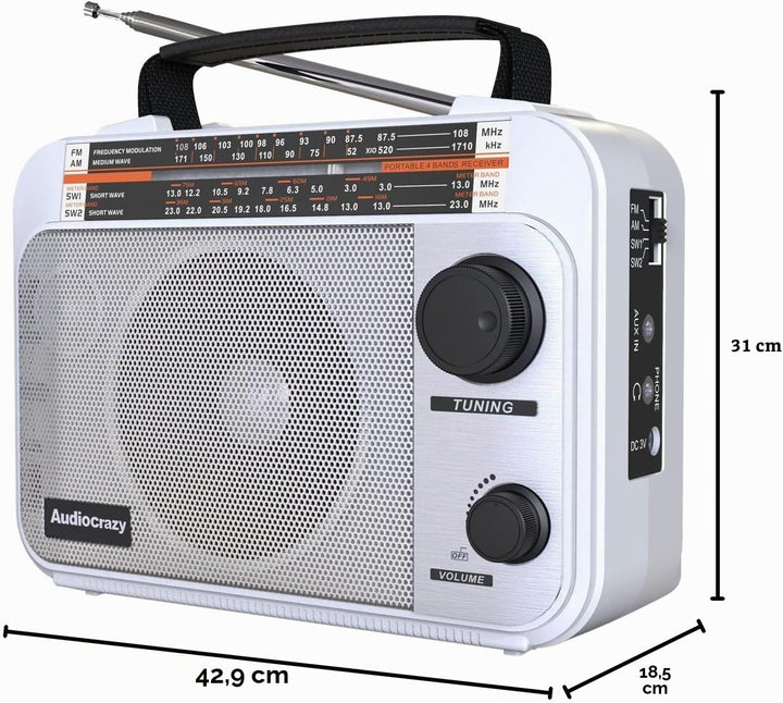 Audiocrazy UKW FM/AM/SW1-2 Radio Tragbares Radio Weltempfänger Radio mit 1800mAh Rechargeable Batter