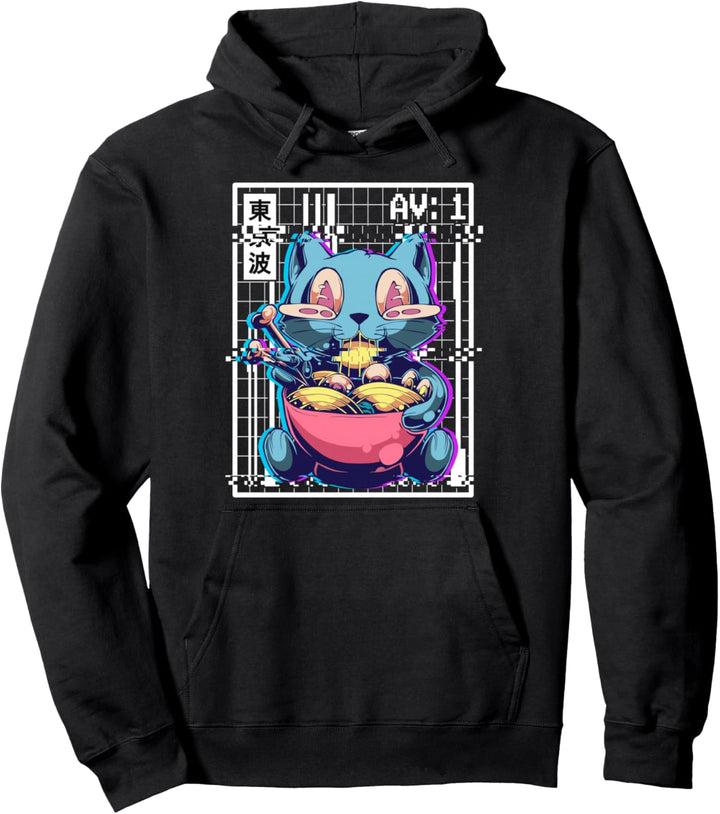 Weirdcore Cat Ramen Glitch Vaporwave Ästhetisches Pastell-Goth Pullover Hoodie