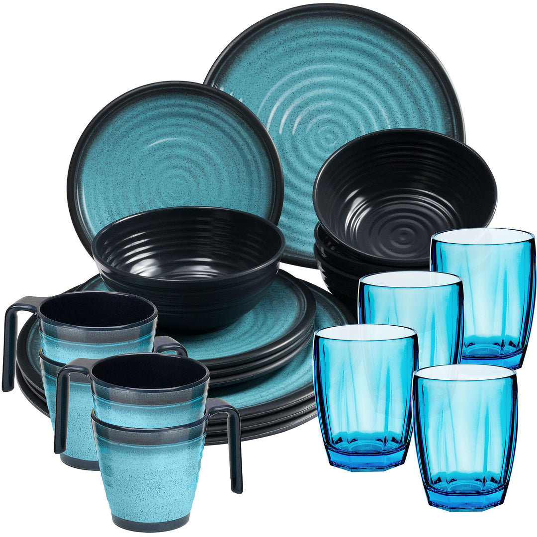 Melamin Geschirrset für 4 Personen blau schwarz - 20 Teile - mit Tassen und blauen Trinkgläsern 320