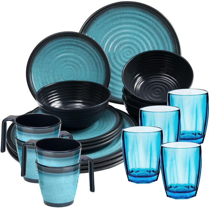 Melamin Geschirrset für 4 Personen blau schwarz - 20 Teile - mit Tassen und blauen Trinkgläsern 320