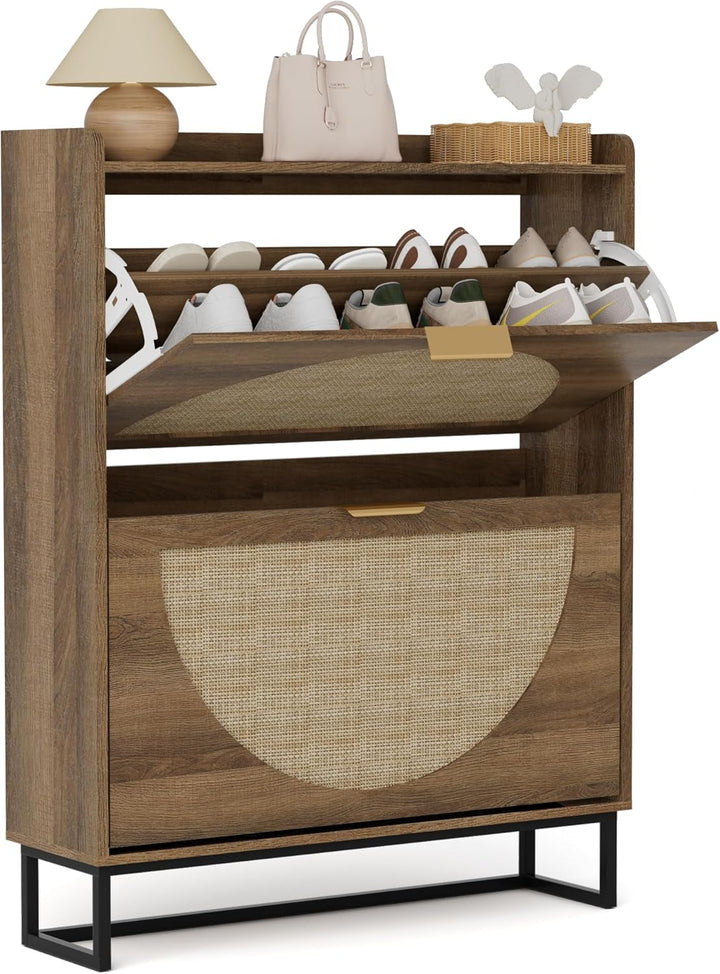 Schuhschrank Schmal, Schuhregal mit 2 Klappen, Schuhkipper mit Verstellbar, Schuhaufbewahrung Holz,