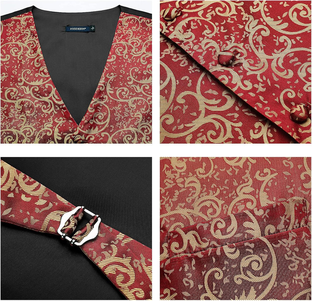 HISDERN Herren Weste Paisley Floral Jacquard Krawatte Einstecktuch Taschentuch Weste Anzug Set M Bur