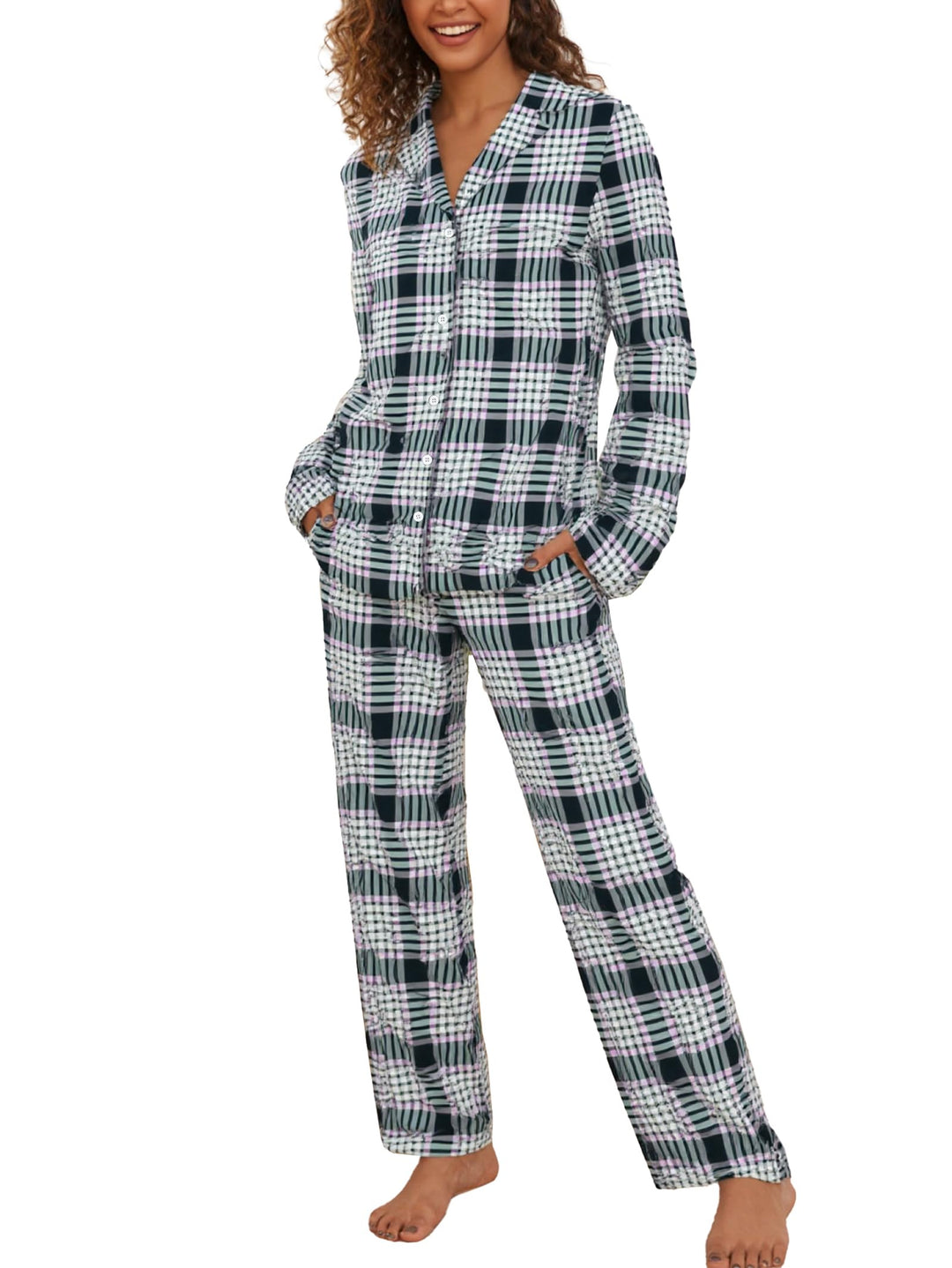 Famulily Frauen Langarm Pyjama Set Plaid Loungewear Sets Button Up Top und Wide Leg Hosen S-XXL, S S
