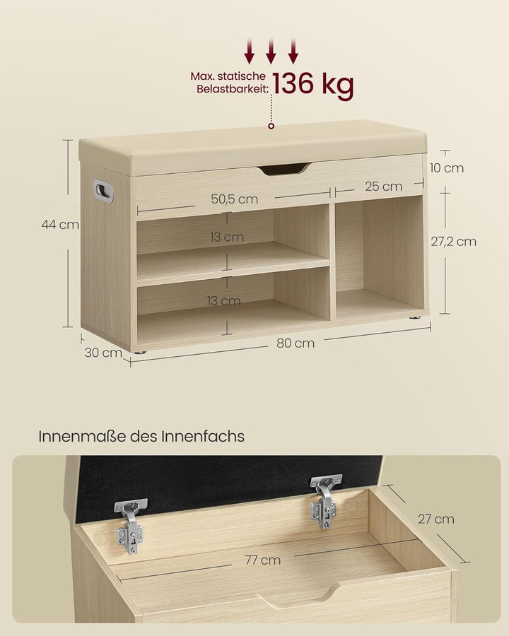 VASAGLE Schuhbank mit Sitzfläche, Sitzbank mit Stauraum, gepolstert, Fach unter Sitzkissen, Schuhreg