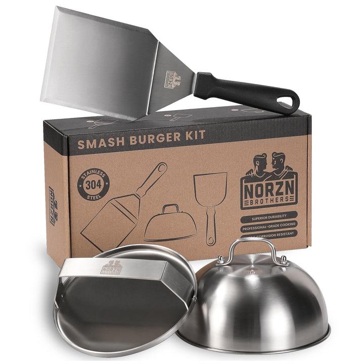 Smash Burger Set – Burger Smasher Set inkl. Hamburgerpresse, Burgerglocke Edelstahl 304, Grillspacht
