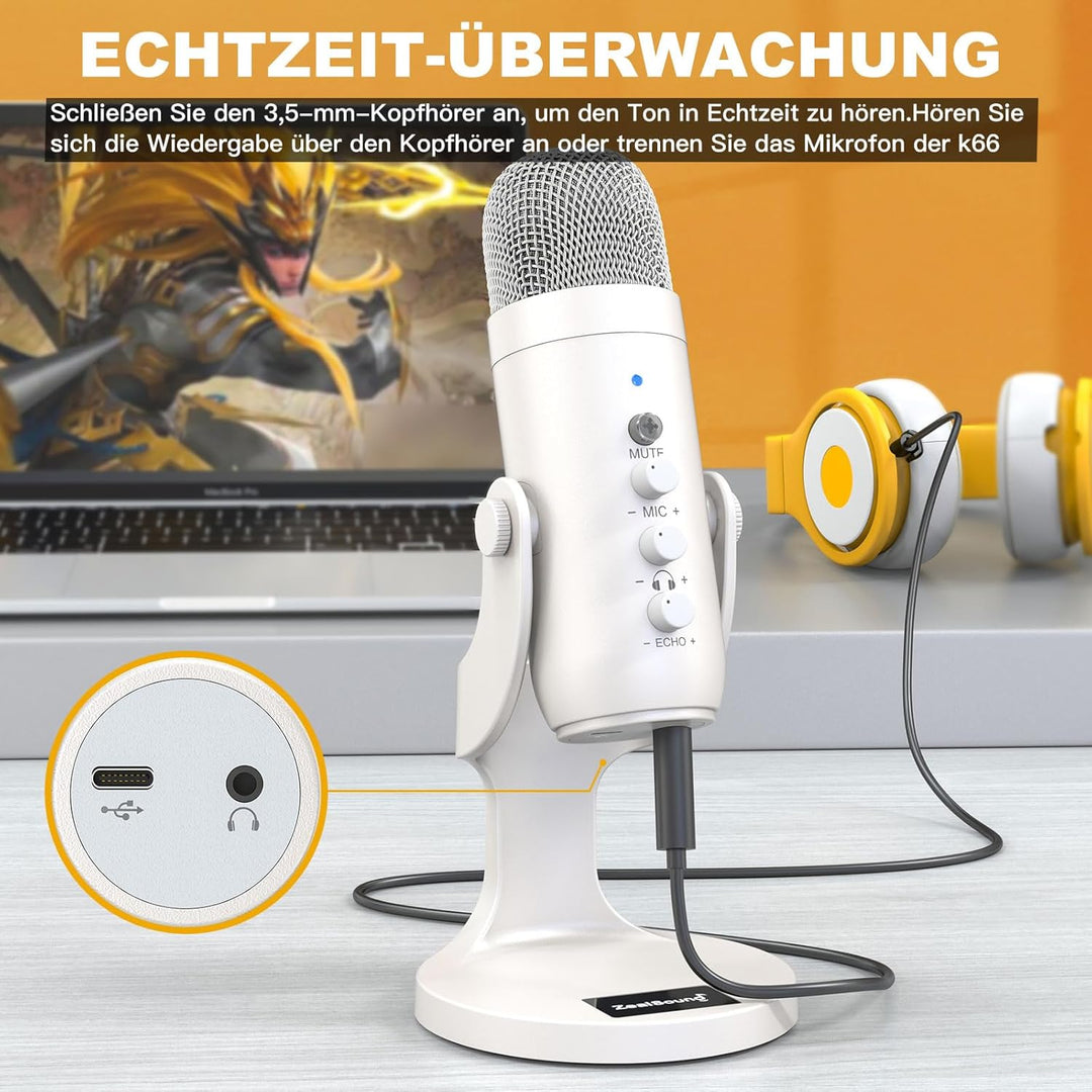 zealsound USB Mikrofon mit Rauschunterdrückung, Mute, Echo & Gain, für PC, Mac, iPhone, Android, PS4