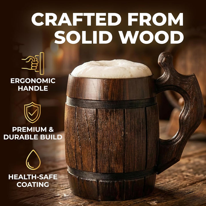 MyFancyCraftLUKRA Bierbecher aus Eichenholz, handgefertigt, Edelstahl-Tasse, 0,6 Liter, 20 Unzen, Ba