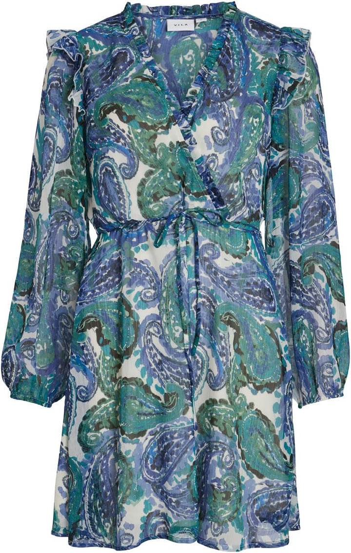 Vila Damen Vifalia Fine V-Neck L/S Dress/Su Sommerkleid 34 Lapis Blue/Aop:fine, 34 Lapis Blue/Aop:fi