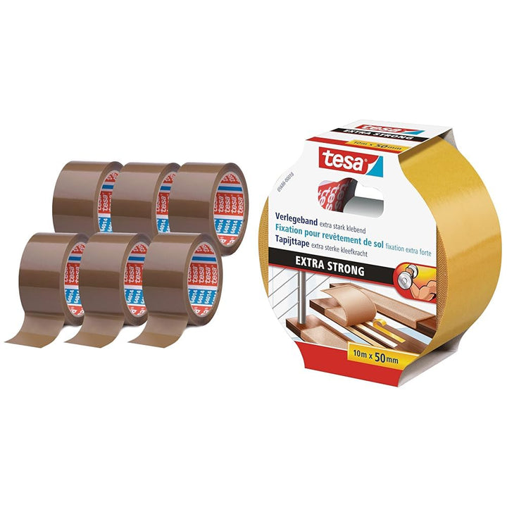 tesa pack 64014 im 6er Pack - Geräuscharmes Paketklebeband &amp; Verlegeband extra stark klebend - Doppe