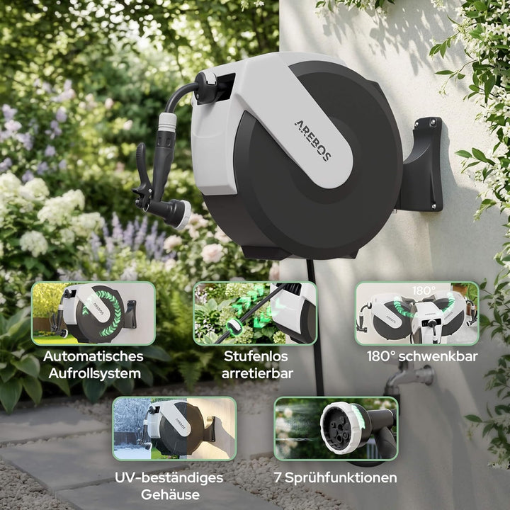 Arebos Schlauchtrommel Schlauchrolle Gartenschlauchaufroller 35 m | Wandschlauchbox automatisch | Wa