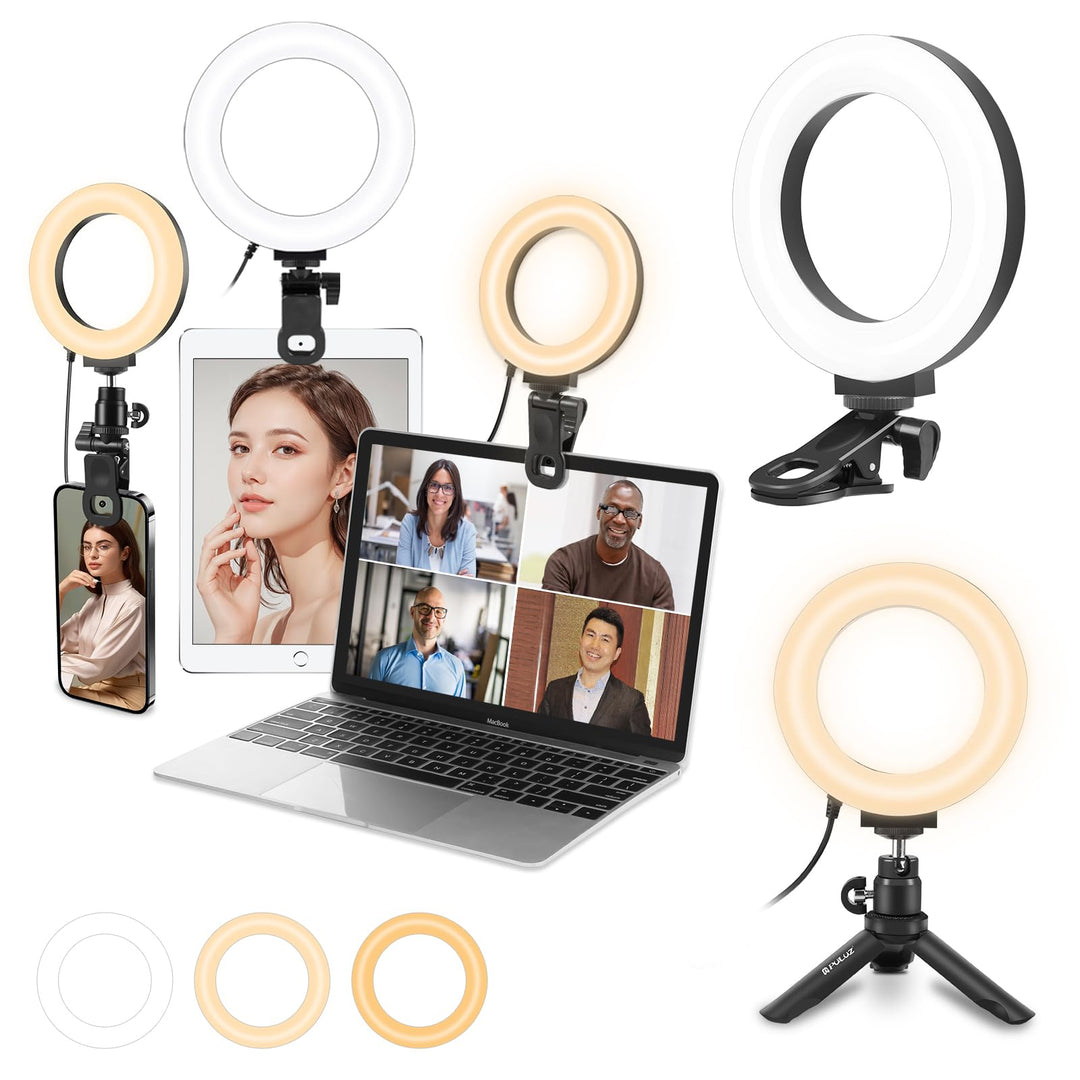 PULUZ Ringlicht PC mit Clip & Stativ 5 Zoll Videokonferenz Licht Dimmbares 3 Lichtfarben+Helligkeit