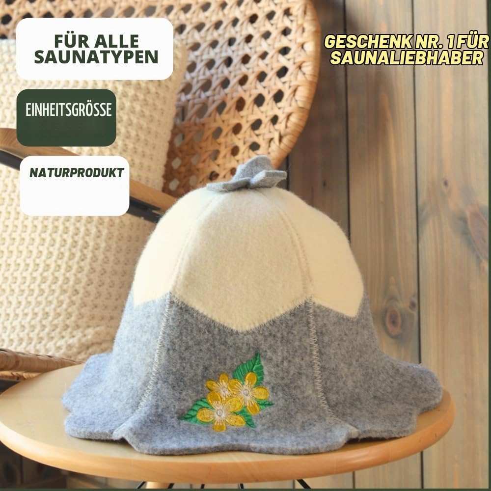 Saunahut für Damen und Herren aus Filz - Sauna Flower – Grau Saunahut für Herren und Damen aus 100Pr