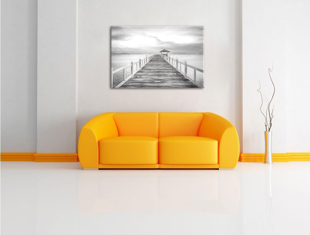 Pixxprint Steg ins Meer bei Sonnenuntergang Kohle Zeichnung Effekt, Format: 100x70 auf Leinwand, XXL