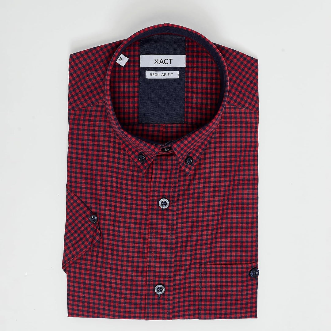 Xact Herren Kurzarmhemd mit Gingham-Karo, Button-Down-Kragen, Normale Passform S Chilli Red/ Navy, S