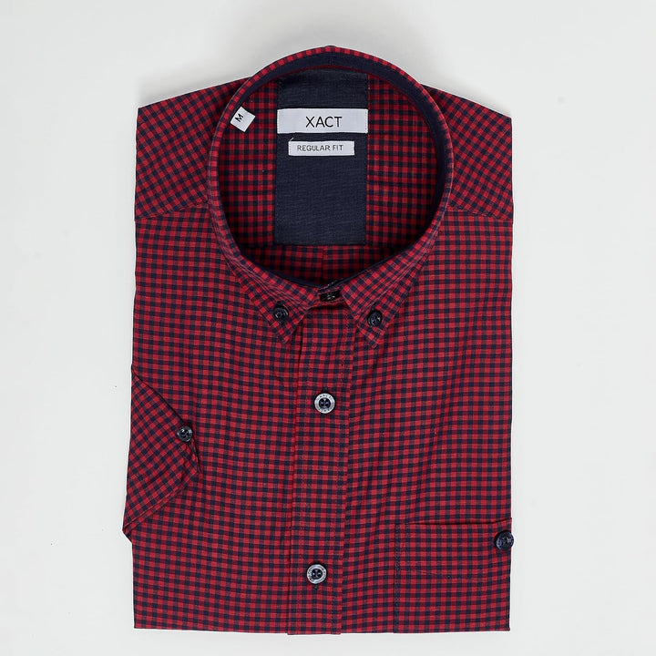 Xact Herren Kurzarmhemd mit Gingham-Karo, Button-Down-Kragen, Normale Passform S Chilli Red/ Navy, S