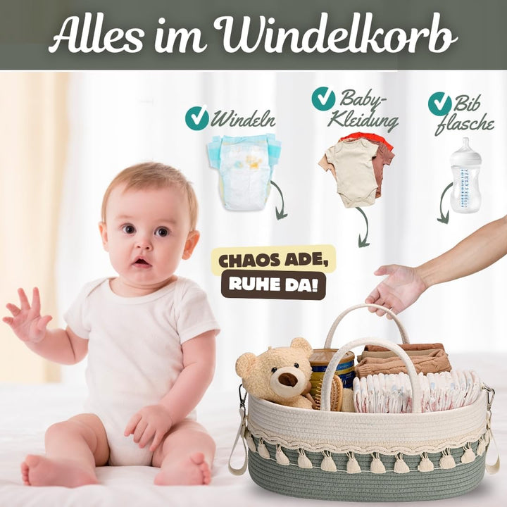SEBRAM Wickeltisch Organizer Baby – Wickelkorb Boho aus Baumwollseil, Windel Organizer Caddy & Winde