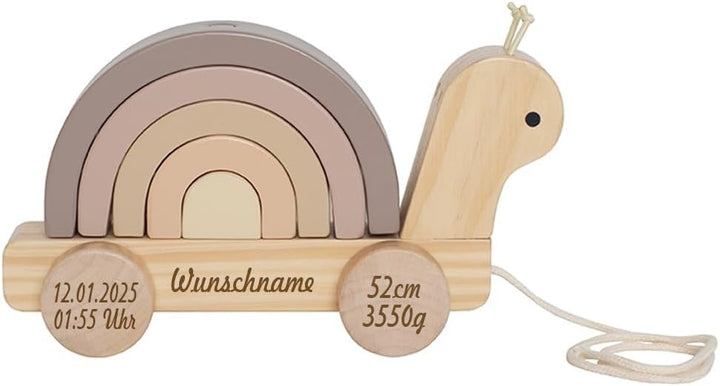 Nachziehtier aus Holz personalisierbar mit Name und Geburtsdaten des Kindes Gravur Holzspielzeug Zie