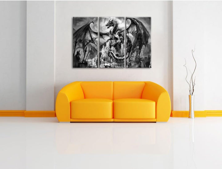 Pixxprint Drache schützend über Burg als Leinwandbild | Grösse: 3 Teilig (120x80) | Wandbild| Kunstd