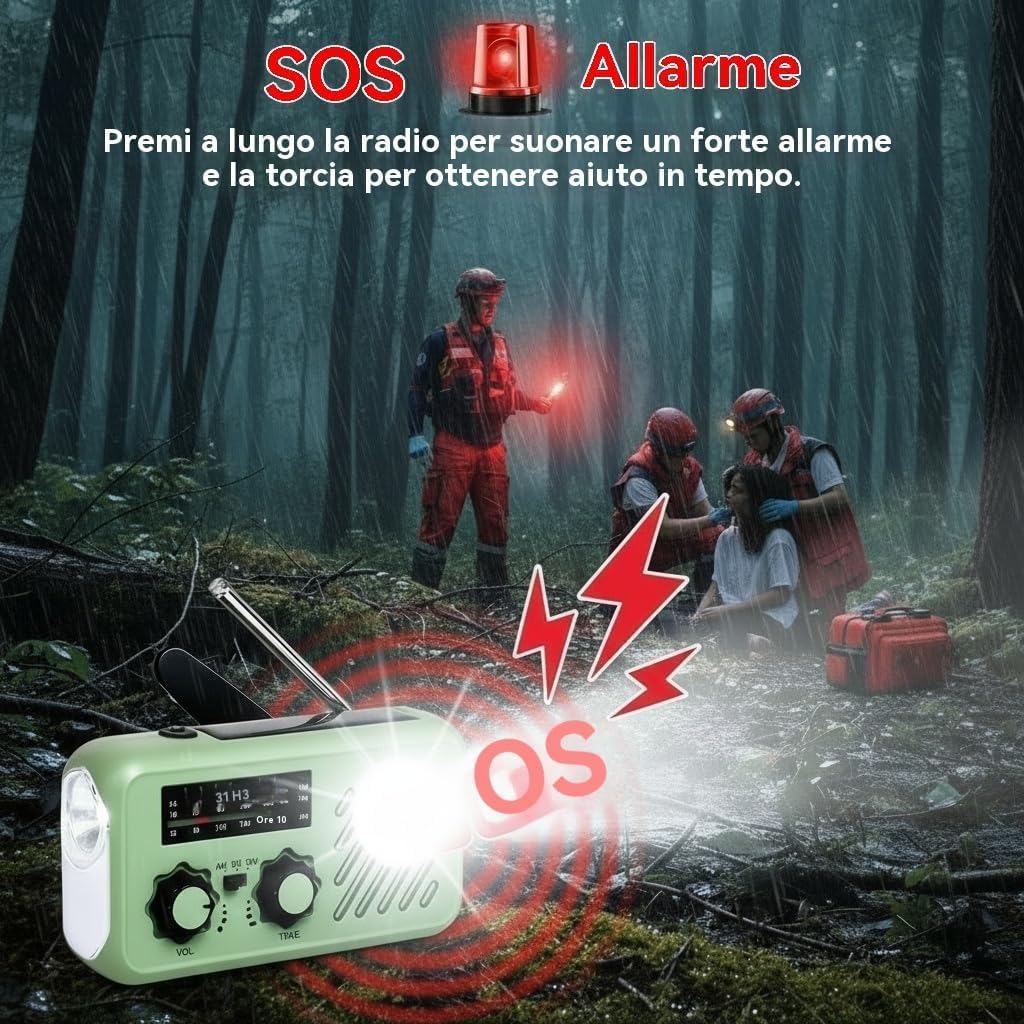 Notfall Radio, 3-Wege-Ladung (Solar, Kurbel, USB-C) Powerbank, 2000mAh Akku, AM/FM Radio, SOS, LED-T
