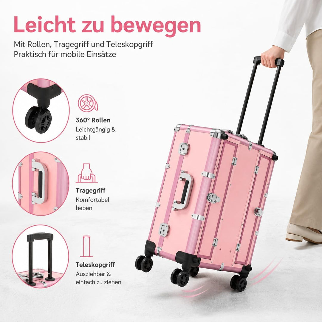 Kosmetikkoffer Trolley mit LED-Spiegel, Rosa, Aluminium, 82 cm | Ausziehbare Beine, 49 x 36 cm Spieg