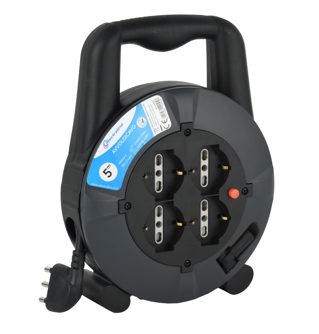 Electraline 49025 Verlängerungskabel mit Kabeltrommel 5 mt, 4 Steckdosen Blasenfolie (Schuko + 10/16