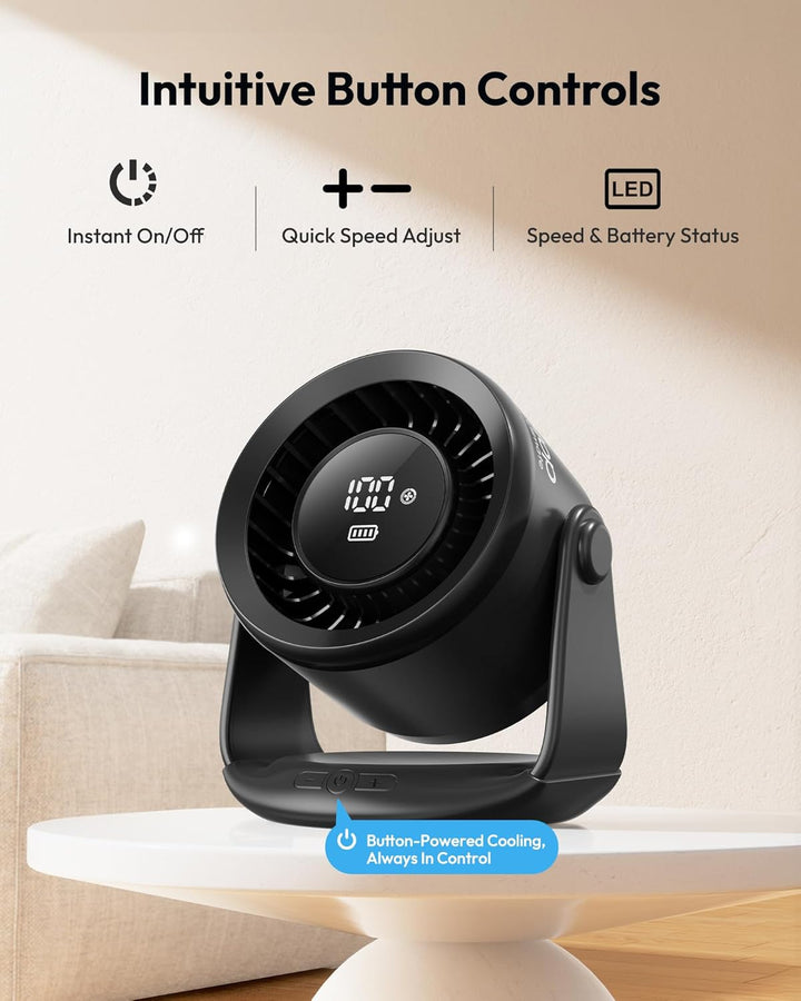 gaiatop Wiederaufladbarer Tischventilator, leiser Ventilator mit 5 Geschwindigkeitsstufen, LED-Displ