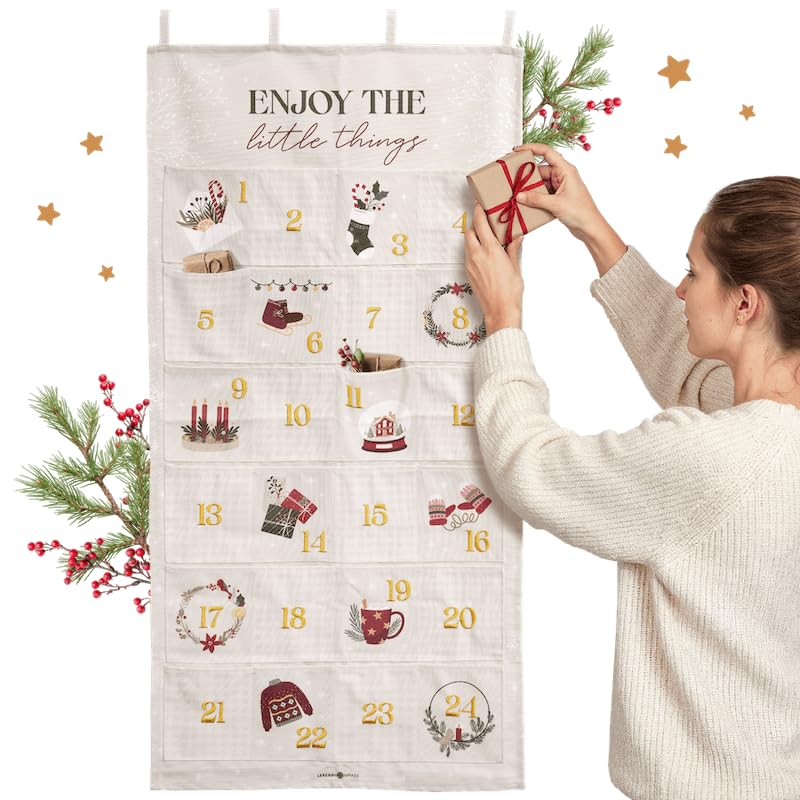 Lebenskompass® Adventskalender zum Befüllen aus Stoff - Wandteppich mit 24 grosse Taschen - Stilvoll