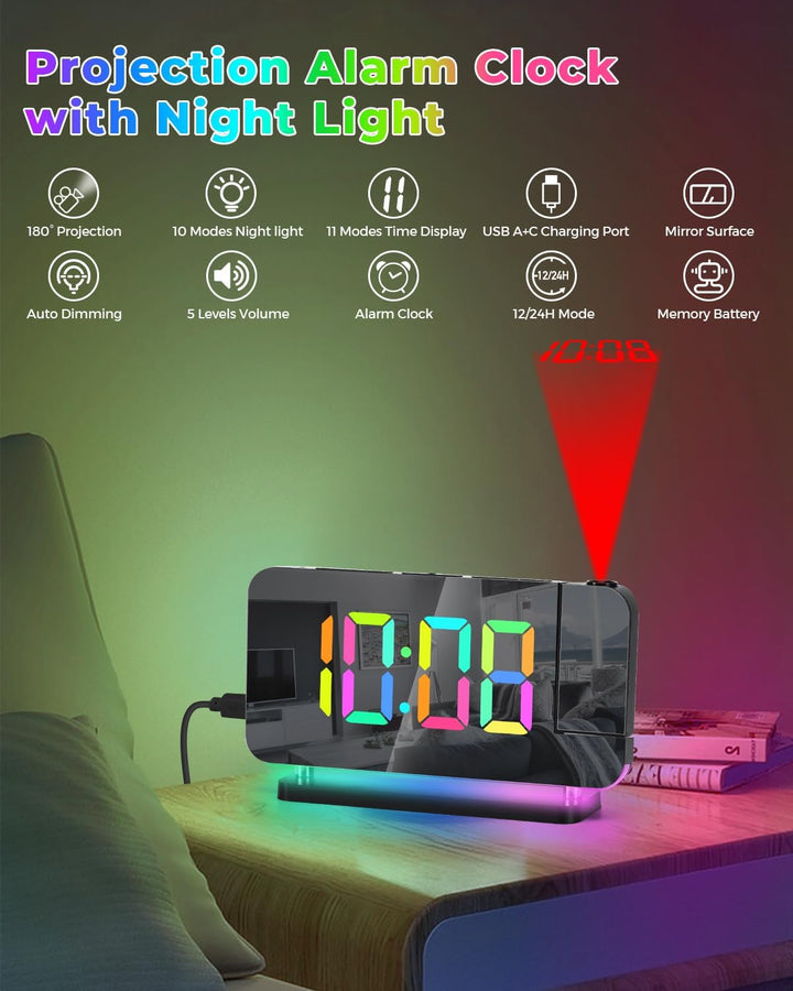 SZELAM Projektionswecker, 7.4 Zoll Digitale Spiegeluhren, mit 180° drehbarem Projektor, RGB-Nachtlic