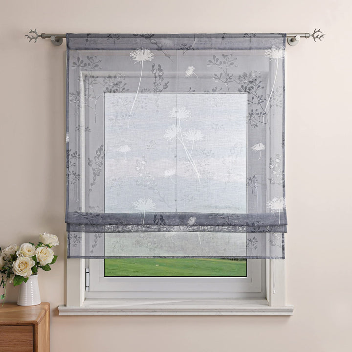 Delien Raffrollo Leinenoptik Transparente Rollos Landhaus Küche Gardine Modern Raffgardine mit Blume