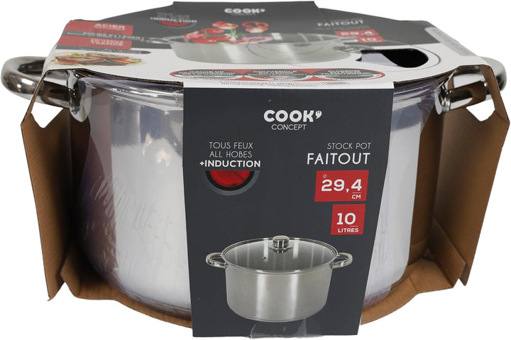 COOK CONCEPT, KC0005, Metal stockpot with Glass lid, Capacity 10L, Compatible with All Heat Sources,