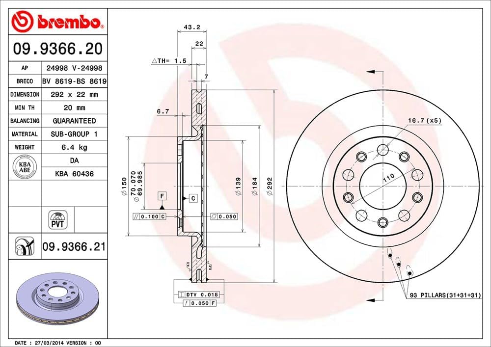 Brembo 09.9366.21 COATED DISC LINE Bremsscheibe - Paar