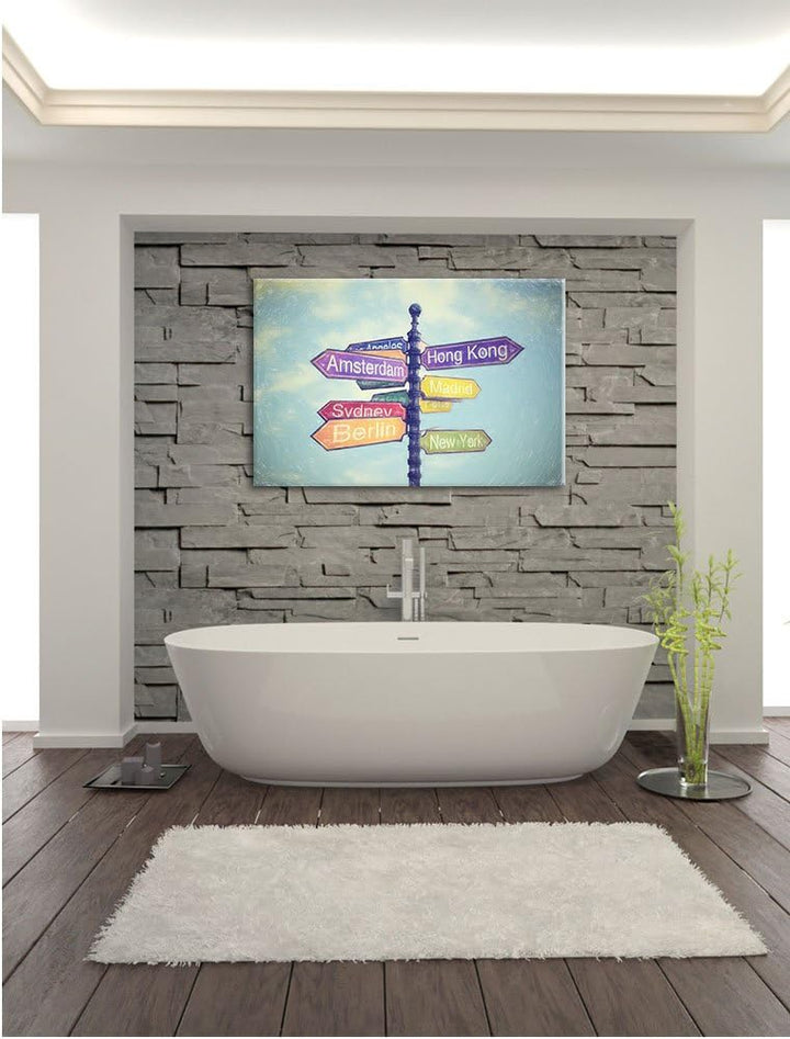 Pixxprint Städte Wegweiser Kunst Buntstift Effekt, Format: 100x70 auf Leinwand, 100x70