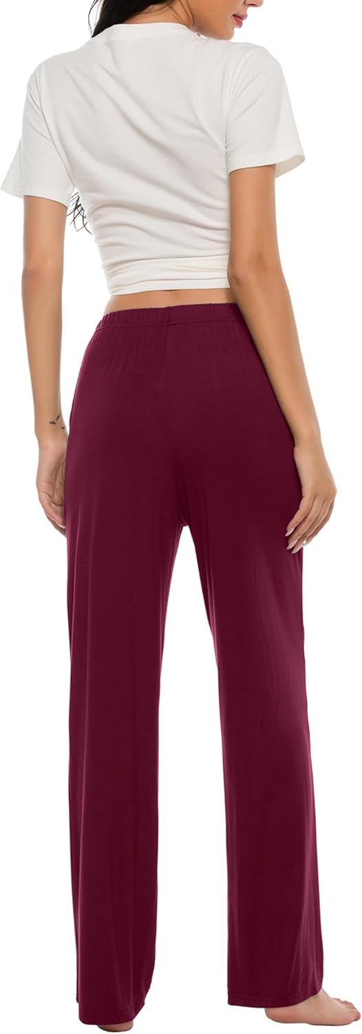 JINSHI Damen Schlafanzughose Lang Pyjamahose Weich Modal Nachtwäsche Freizeithose M Weinrot+ Schwarz