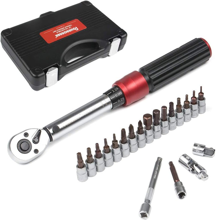 FOURROBBER Drehmomentschlüssel 1/4" Fahrrad & Motorrad 5-30NM Set, 90-Zahn-Drehmomentschlüssel mit 3