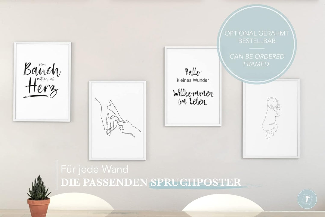 Papierschmiede® Premium Spruchposter Set 4er DIN A1, Motiv: Hallo Baby, Geburt Newborn Kind, Typogra