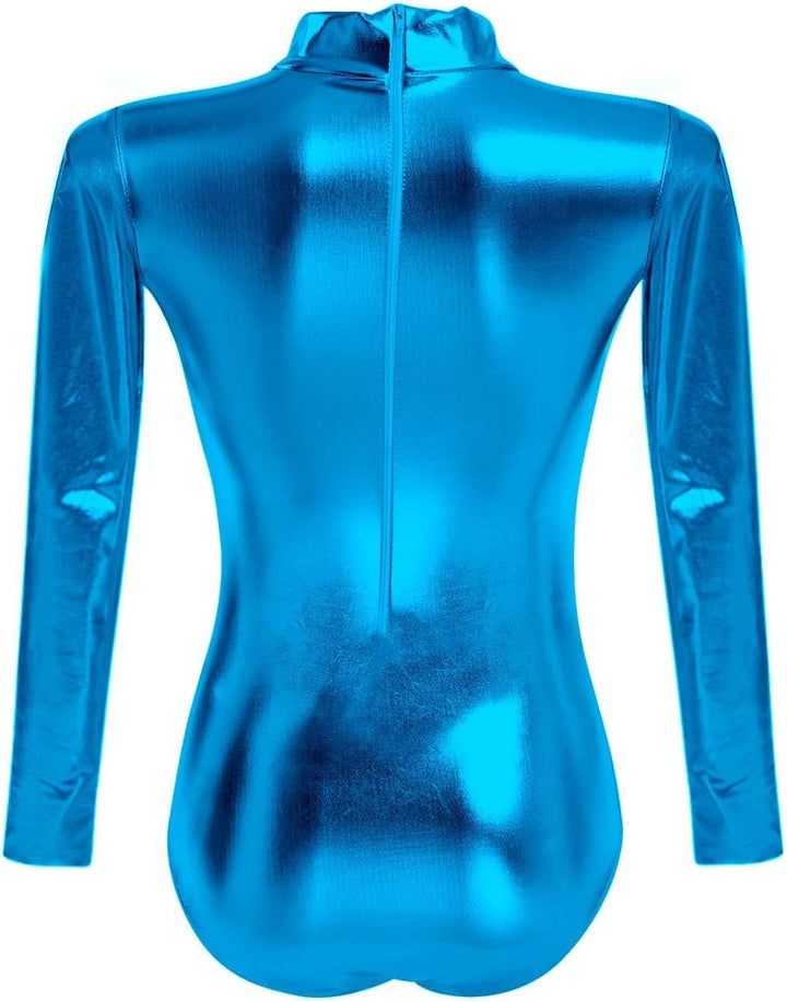 FYMNSI Damen Glänzende Ballettanzug Ballettbody Sport Tanz Body Gymnastikanzug Trikot Langarm Bodysu