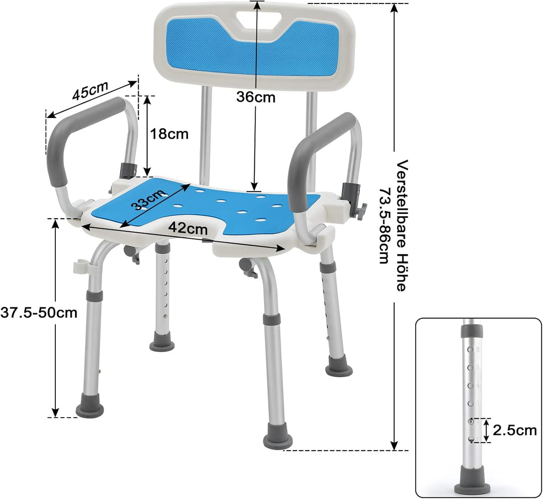 ACXIN Duschstuhl mit Armlehnen Abnehmbar, Duschhocker für senioren 150kg mit lehne, Duschhocker Höhe